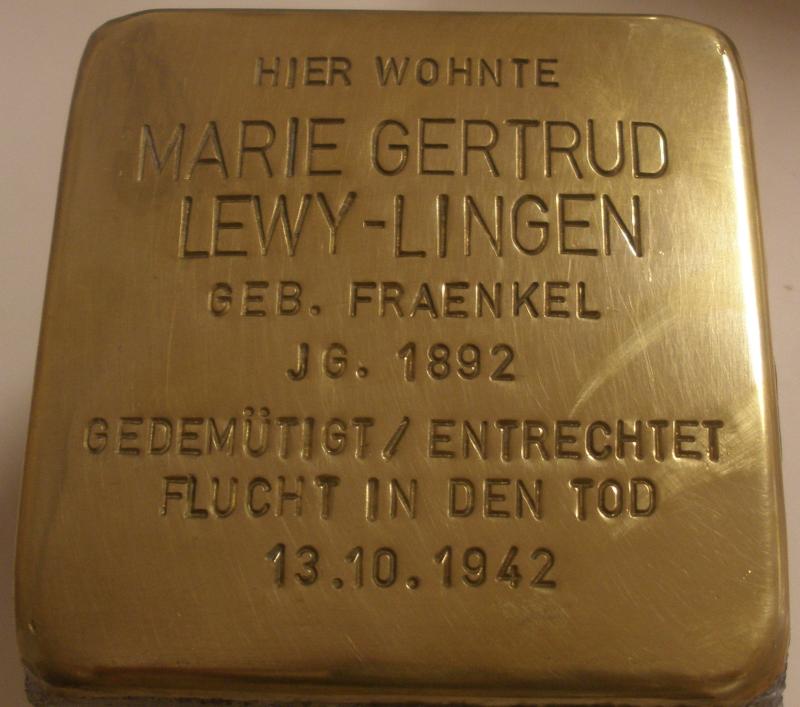 Stolperstein für Marie Lewy-Lingen. Fotorechte: Projekt Stolpersteine Teltow-Zehlendorf