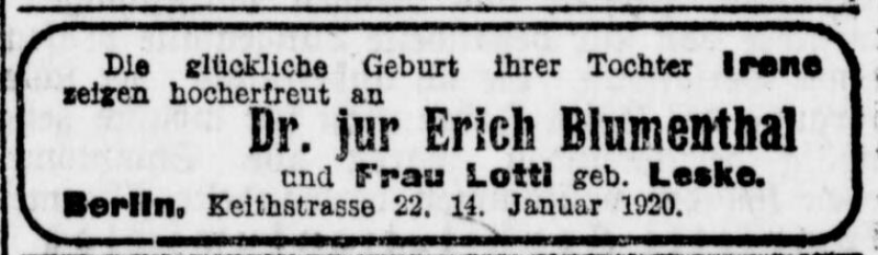 Geburtsverkündung Irene Glaser. Bild: Berliner Tageblatt, 18. Januar 1920
