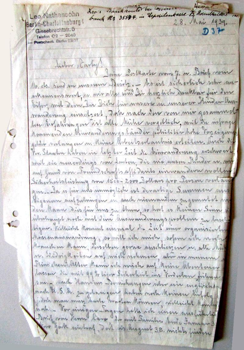 1. Seite des Briefes von Leo Nathansohn an seinen Schwager