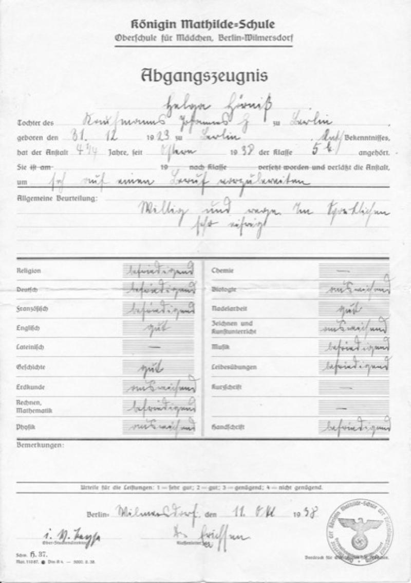 Abgangszeugnis Helga Hörniss © Nachkommen