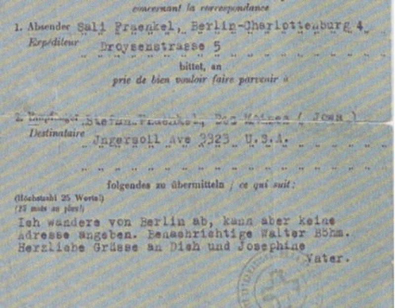 Nachricht von Sali Fraenkel über das DRK, Quelle: Familienbesitz