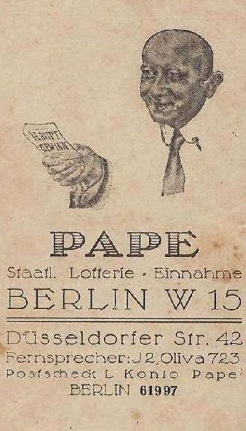 Eine Anzeige für die Staatliche Lotterie-Einnahme Pape in der Düsseldorfer Str. 42