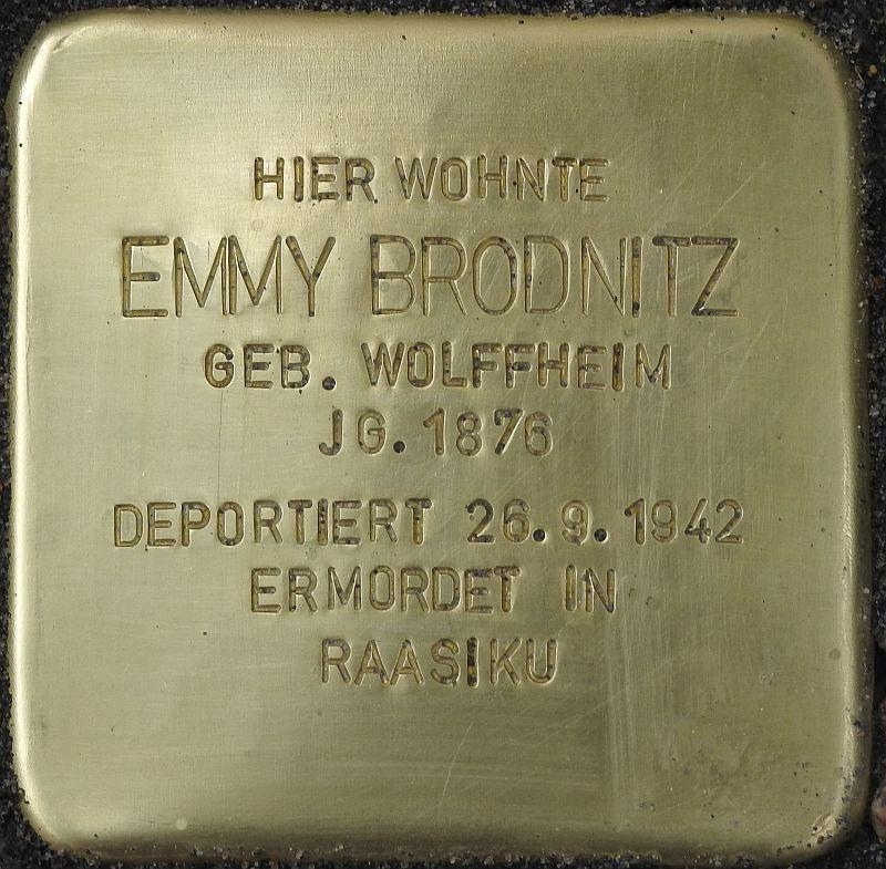 Stolperstein Emmy Brodnitz, Bild: Stolpersteine-Initiative CW, Hupka Stolperstein Emmy Brodnitz