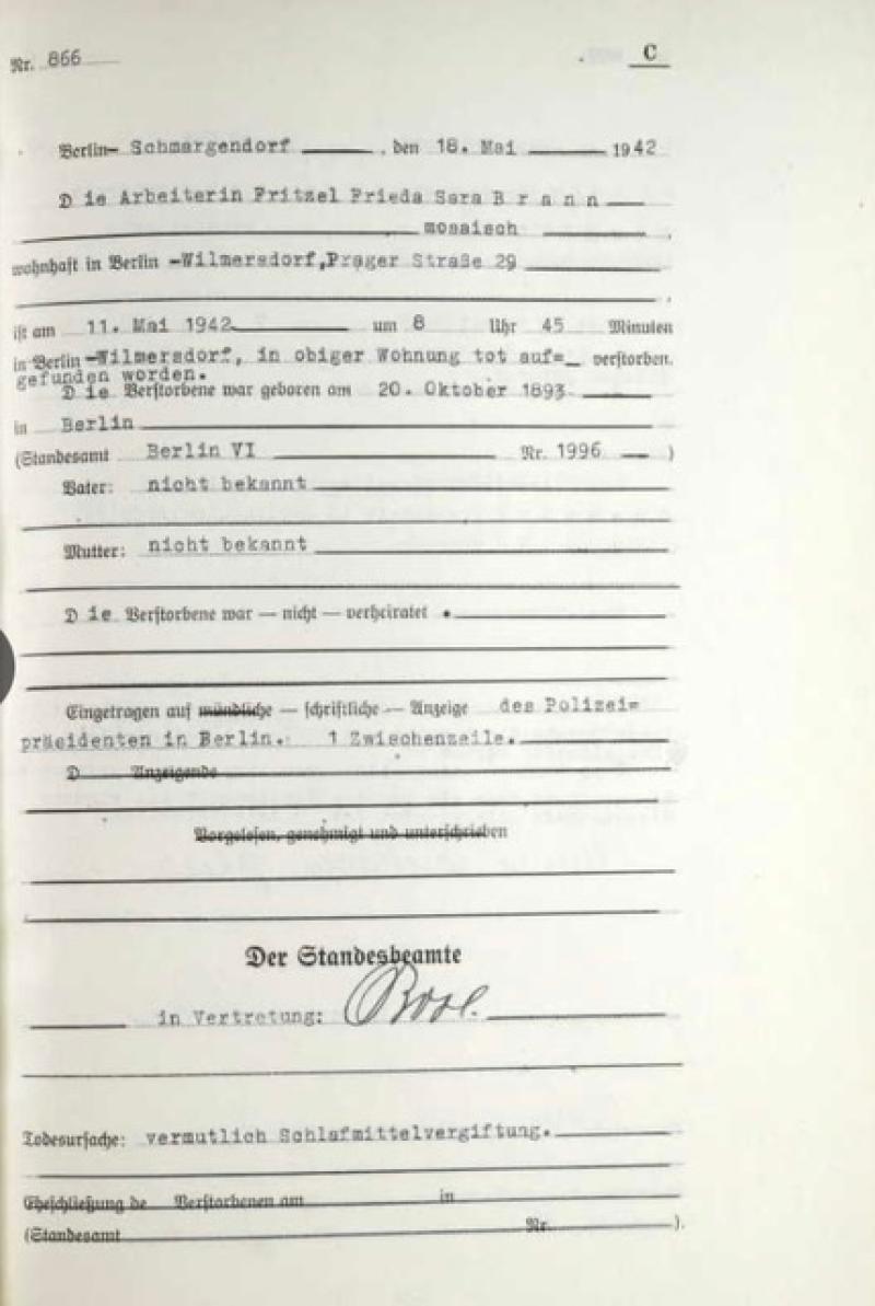 Sterbeurkunde Fritzel Brann © Archiv