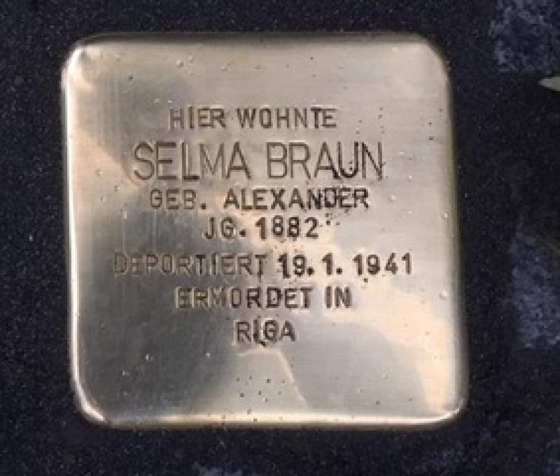Stolperstein für Selma Braun. Das korrekte Deportationsdatum ist 1942.