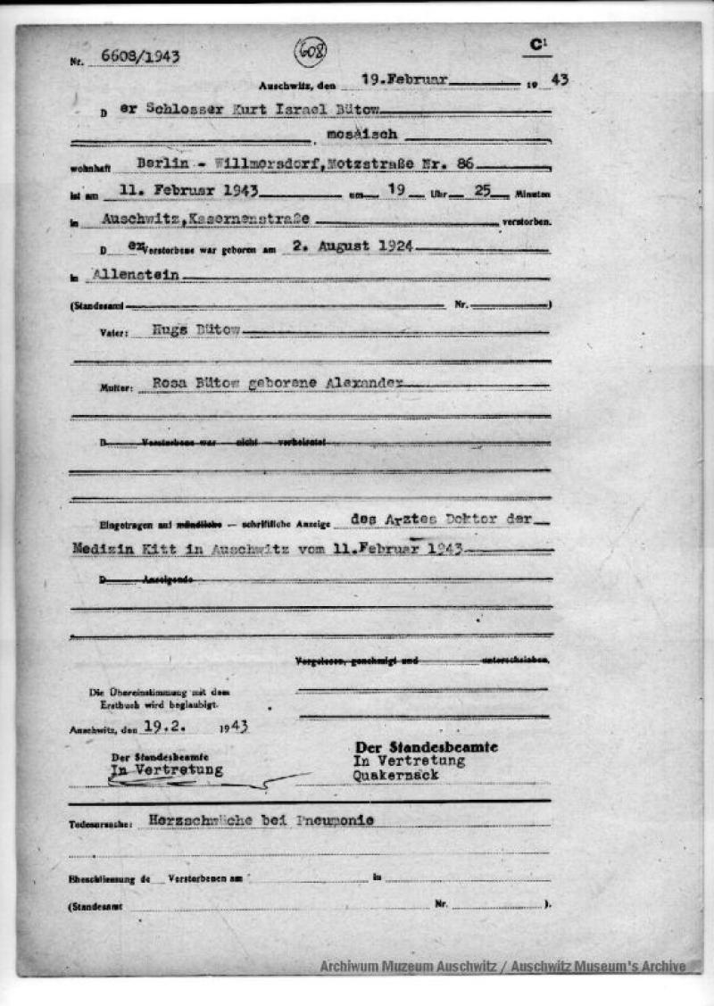 Sterbeurkunde Kurt Bütow Bild: Familienarchiv