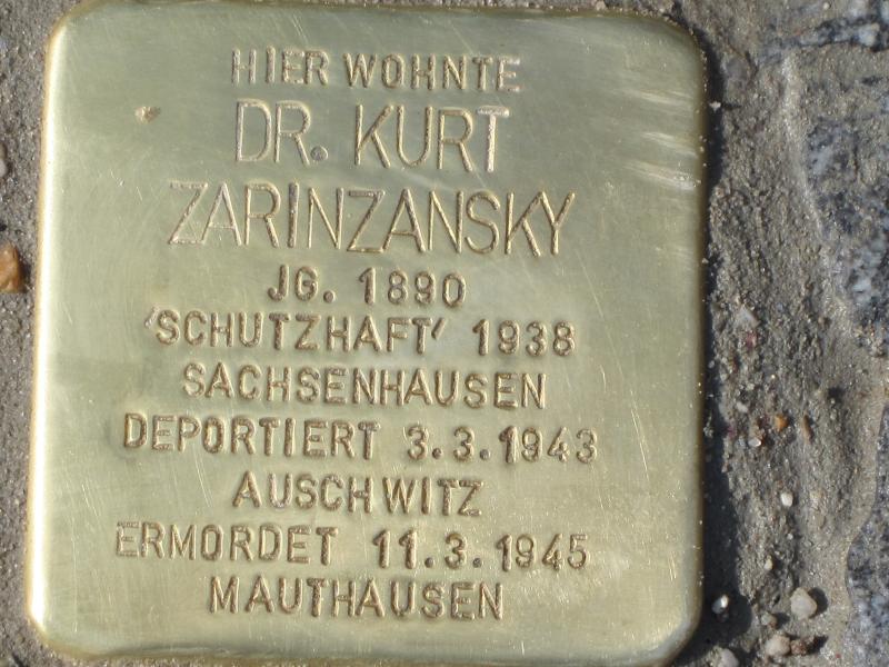 Stolperstein für Dr. Kurt Zarinzansky. Copyright: MTS