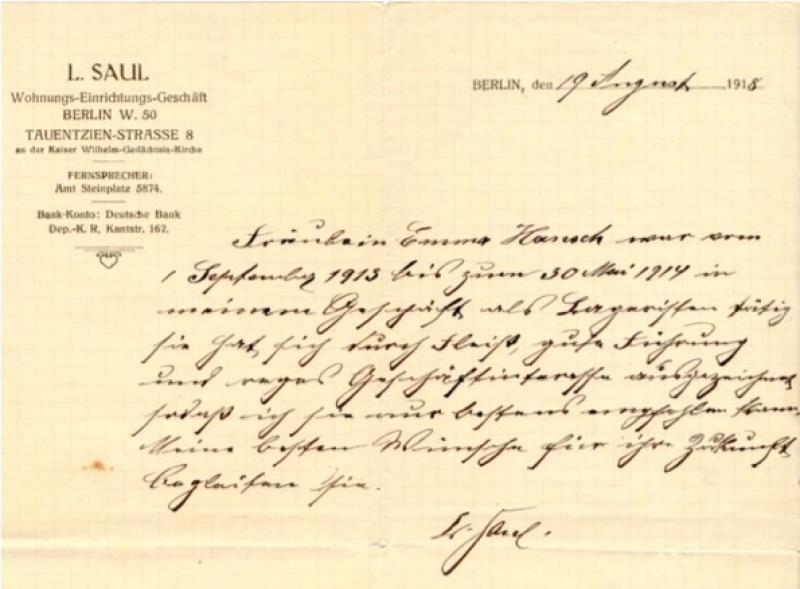 Das Zeugnis wurde Emma Hansch verh. Panßner 1918 von Lisbeth Saul ausgestellt. (Foto: Stephan Ebers)