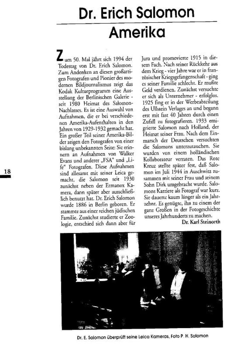 Artikel über Erich Salomon aus: „Leica. Fotografie International”, 6/94 Bild: "Leica. Fotografie International”, 6/94