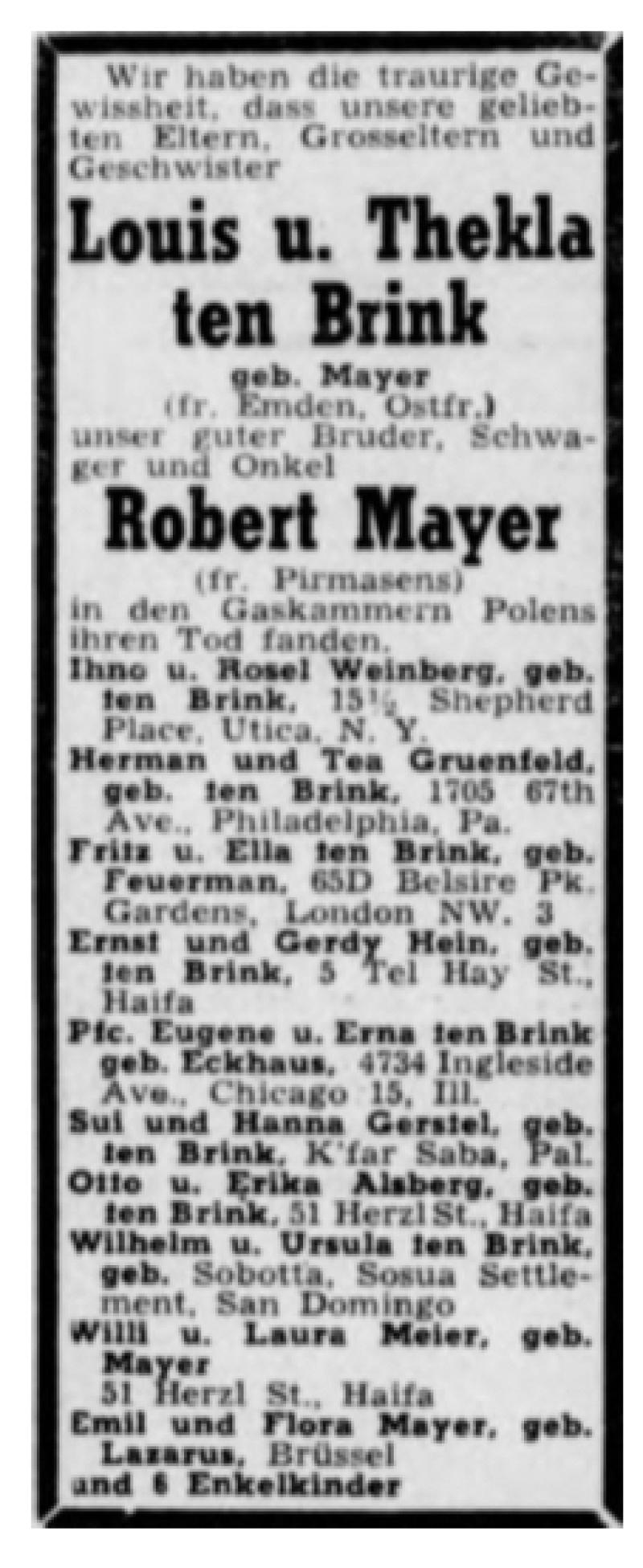 Todesanzeige Luis und Thekla ten Brink