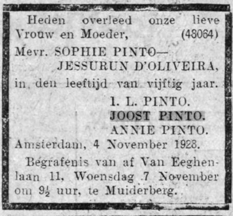 Todesanzeige Sophie Jessurun d'Oliveira Bild: Familienaufzeichnungen, Erinnerungen, Fotos und Dokumente von Sylvie Kervella-Perlberger und Annett Rubner-Weissfeld