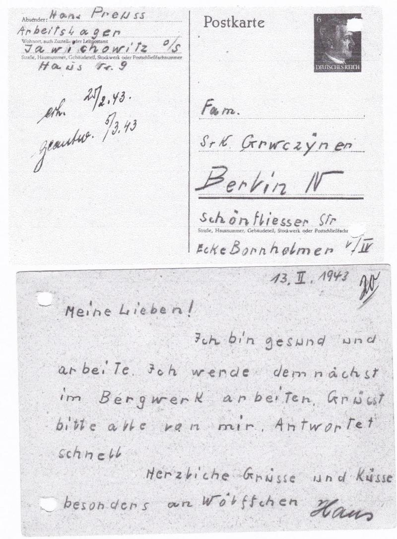 Postkarte von Hans Preuss aus dem Arbeitslager Jawichowitz, (Foto: Familie)