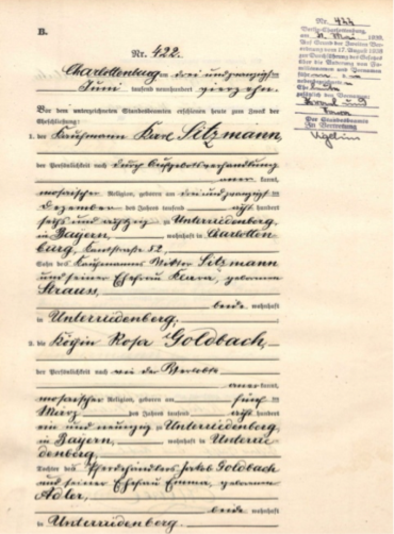 Heiratsurkunde Karl und Rosa Sitzmann, Foto: privat