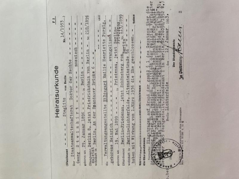 Heiratsurkunde Georg Steinhirt und Hildegard Porzig © Familie