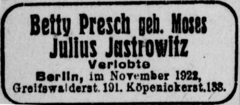 Jastrowitz Anzeige Verlobung Bild: Stolpersteininitiative Charlottenburg - Wilmersdorf