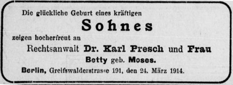 Jastrowitz Presch Anzeige Geburt des Sohnes Bild: Stolpersteininitiative Charlottenburg - Wilmersdorf