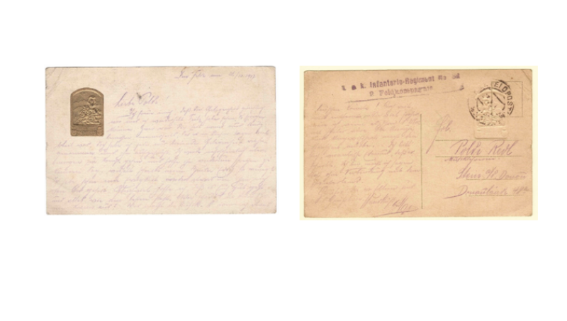 Karte von Max an die Großmutter Leopoldine Redl, verheiratet Charmatz,am Tage ihrer Hochzeit mit David Edmund Charmatz geschrieben: Im Felde, 21.10. 1917, gezeichnet mit: “Handkuß Max“ Bild: Archiv der Familien Redl, Charmatz und Schandl in Krems/Stein, Niederösterreic