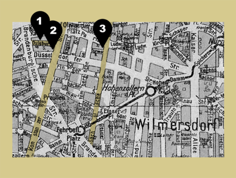 1. Duisburger Straße 7 1939, 2. Konstanzer Str.7 1940, 3. Sächsische Str. 5 1941 Foto: Besitz Daniel Graf