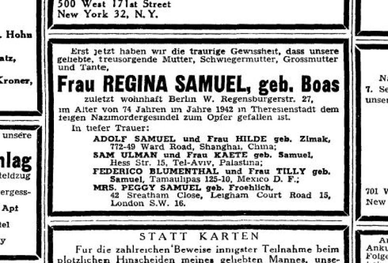 Traueranzeige der jüdischen Zeitung „Aufbau“, 13.9.1946 Bild: Judith Kessler