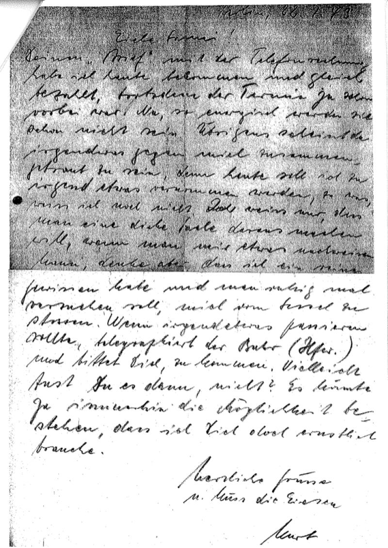 Mitteilung von Kurt Hansen an Susanne Ellstaetter, 1943, Quelle: Familienarchiv v. Pochhammer