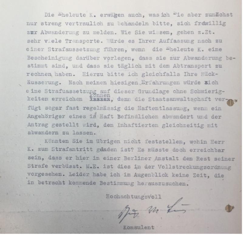 Auszug aus dem Schreiben des Konsulenten Dr. Günther Loebinger  vom 31. März 1942 an den Konsulenten Dr. Siegfried Popper (Frankfurt a. M.). Quelle: Hessisches Hauptstaatsarchiv Wiesbaden Bestand 474/3 Akte Nr. 789 (ohne Blattzählung)