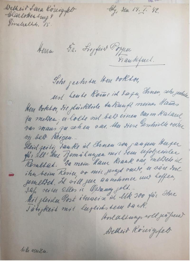 Dankesschreiben von Adelheid Königsfeld an den Konsulenten Dr. Siegfried Popper (Frankfurt)  vom 14. Januar 1940. Quelle: Hessisches Hauptstaatsarchiv Wiesbaden Bestand 474/3 Akte Nr. 789 (ohne Blattzählung)