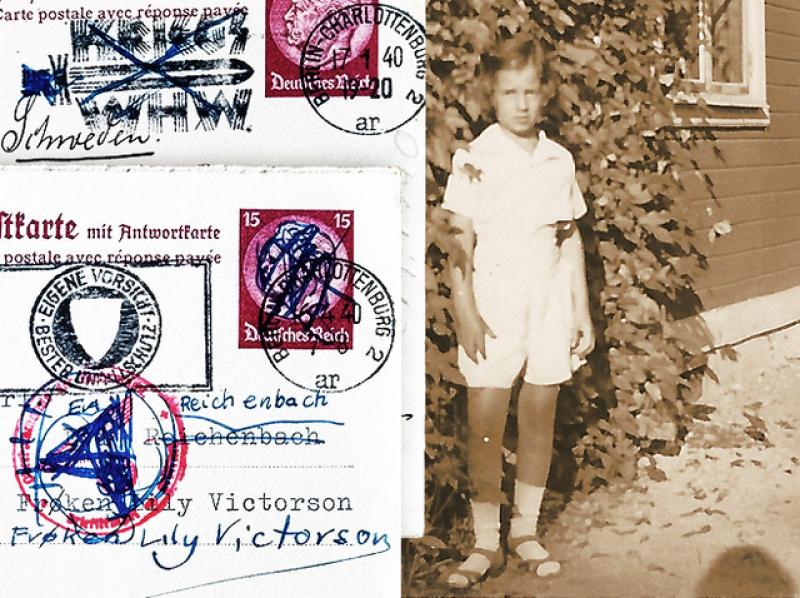  Eine der Postkarten und Eva vor dem Haus in Stockholm; Foto: Collage Daniel Graf.