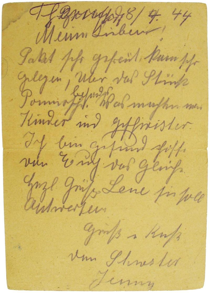 Dankesschreiben (Rückseite) von Jenni Bukofzer aus Theresienstadt am 8. April 1944 für das erhaltene Paket. Fotorechte: Familienbesitz