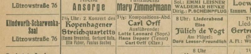 Führer durch die Konzertsäle Berlins, 28. Februar bis 12. März 1921. Der Liederabend mit Dora Leeser-Freundlich am Flügel fand am 2. März statt. Bild: Archiv