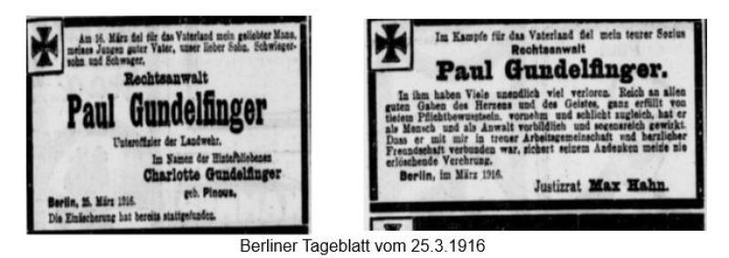 Todesanzeigen Paul Gundelfinger Bild: Berliner Tageblatt 25.3.1916