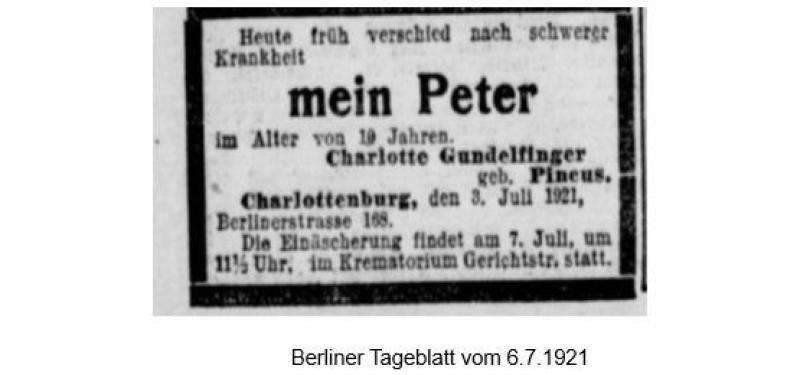 Todesanzeige Peter Gundelfinger Bild: Berliner Tageblatt 6.7.1921