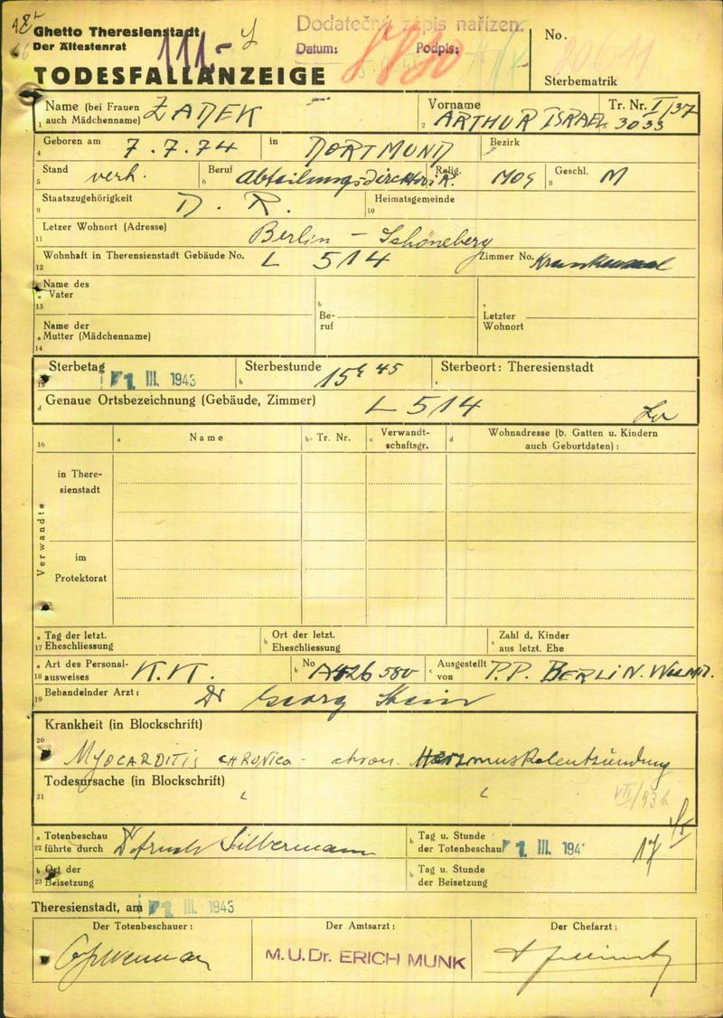 Todesfallanzeige Dr. Arthur Zadek