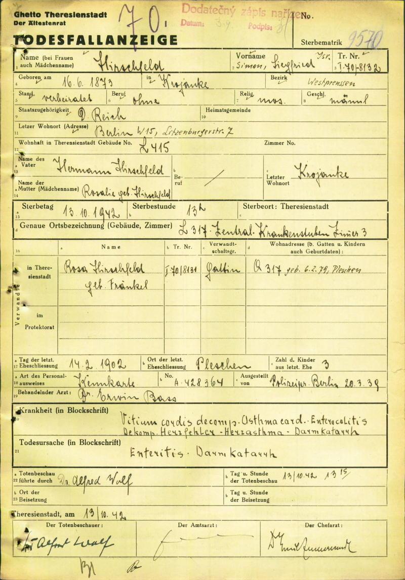 Todesfallanzeige Siegfried Hirschfeld, Foto: Digitalisierte Dokumente Theresienstadt
