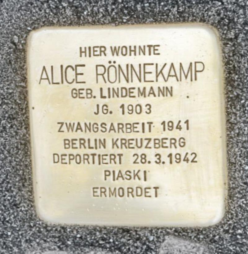 Stolperstein Alice Rönnekamp © Stolperstein Initiative Mitte