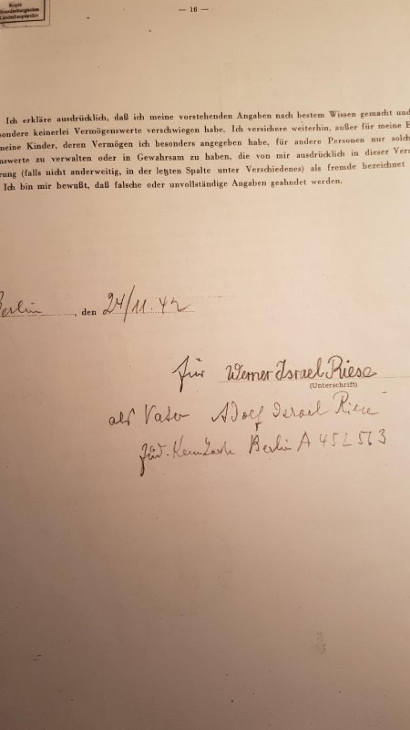 Unterschrift Werner Israel Riese (Bild: Familie Manasse, Monaco)