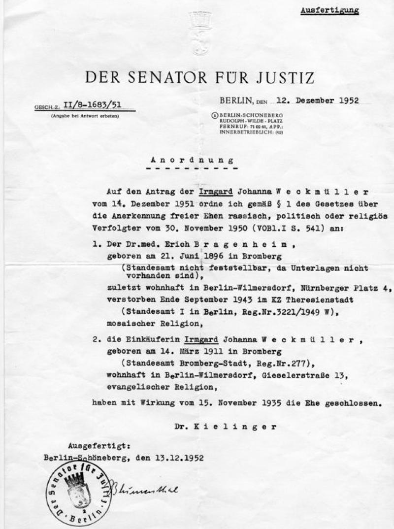 Heiratsurkunde über Eheschließung Bragenheim Bild: Irmgard Bragenheim