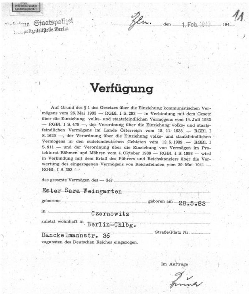Die am 1. Februar 1943 ausgestellte Verfügung der Geheimen Staatspolizei Bild: Archiv