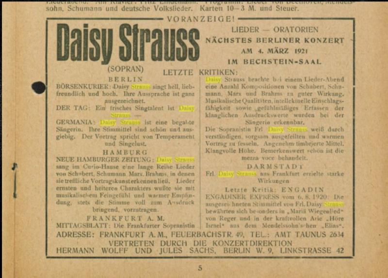 Voranzeige Daisy Strauss (Sammlung: Konzertführer Berlin-Brandenburg 1920-2012, Strukturtyp: Zeitschriftenheft  Titel: Heft 7, 01.-12.11.1920)