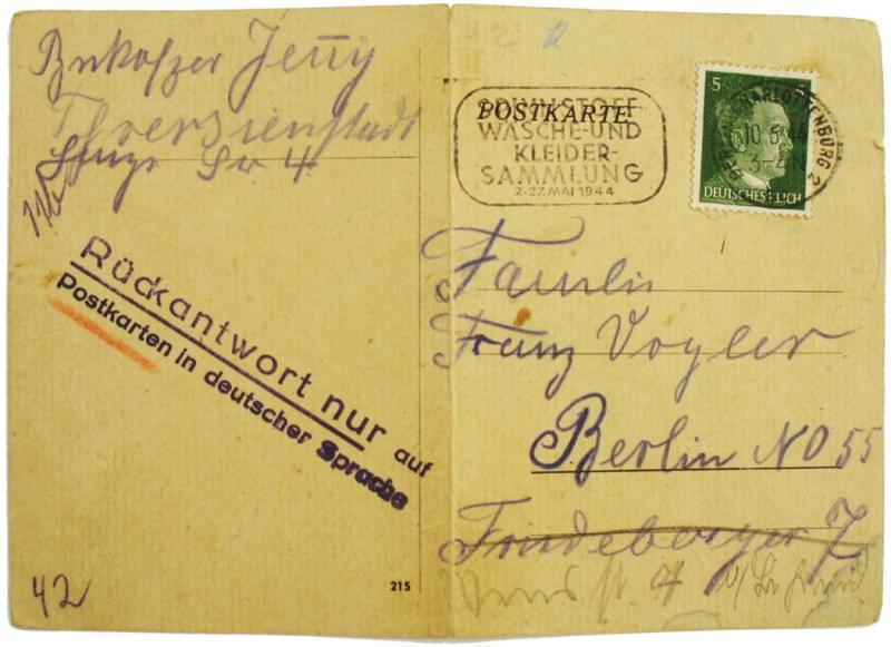 Dankesschreiben von Jenni Bukofzer aus Theresienstadt am 8. April 1944 für das erhaltene Paket.