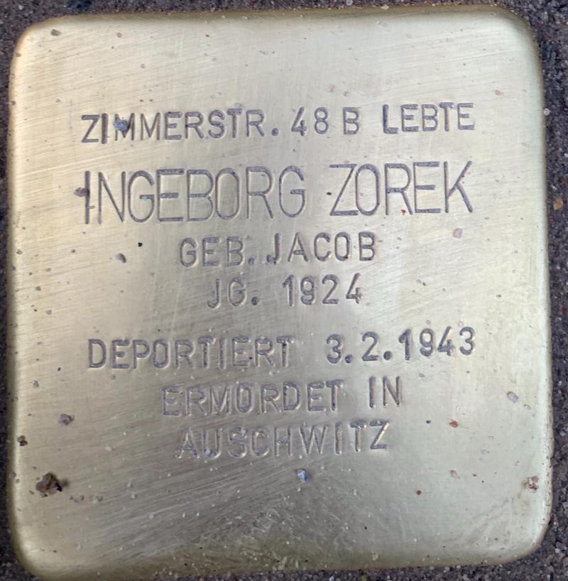 Stolperstein Ingeborg Zorek © Hans-Wilhelm Saure