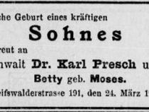 Jastrowitz Presch Anzeige Geburt des Sohnes Bild: Stolpersteininitiative Charlottenburg - Wilmersdorf